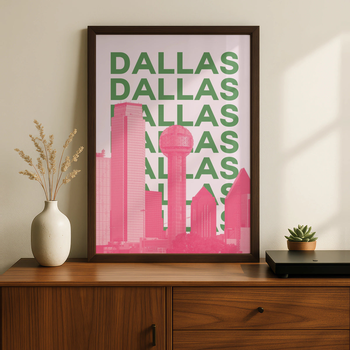 Dallas Travel Poster Texas Skyline Wall Art, Retro City Print, Pink Green Decor