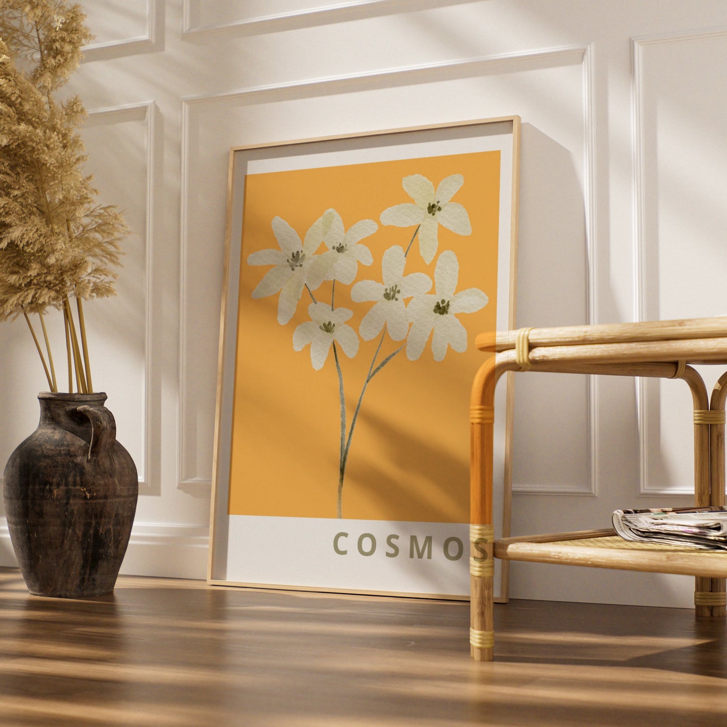 Cosmos Flower Botanical Poster, White Floral Wall Art, Mustard Yellow Modern Print