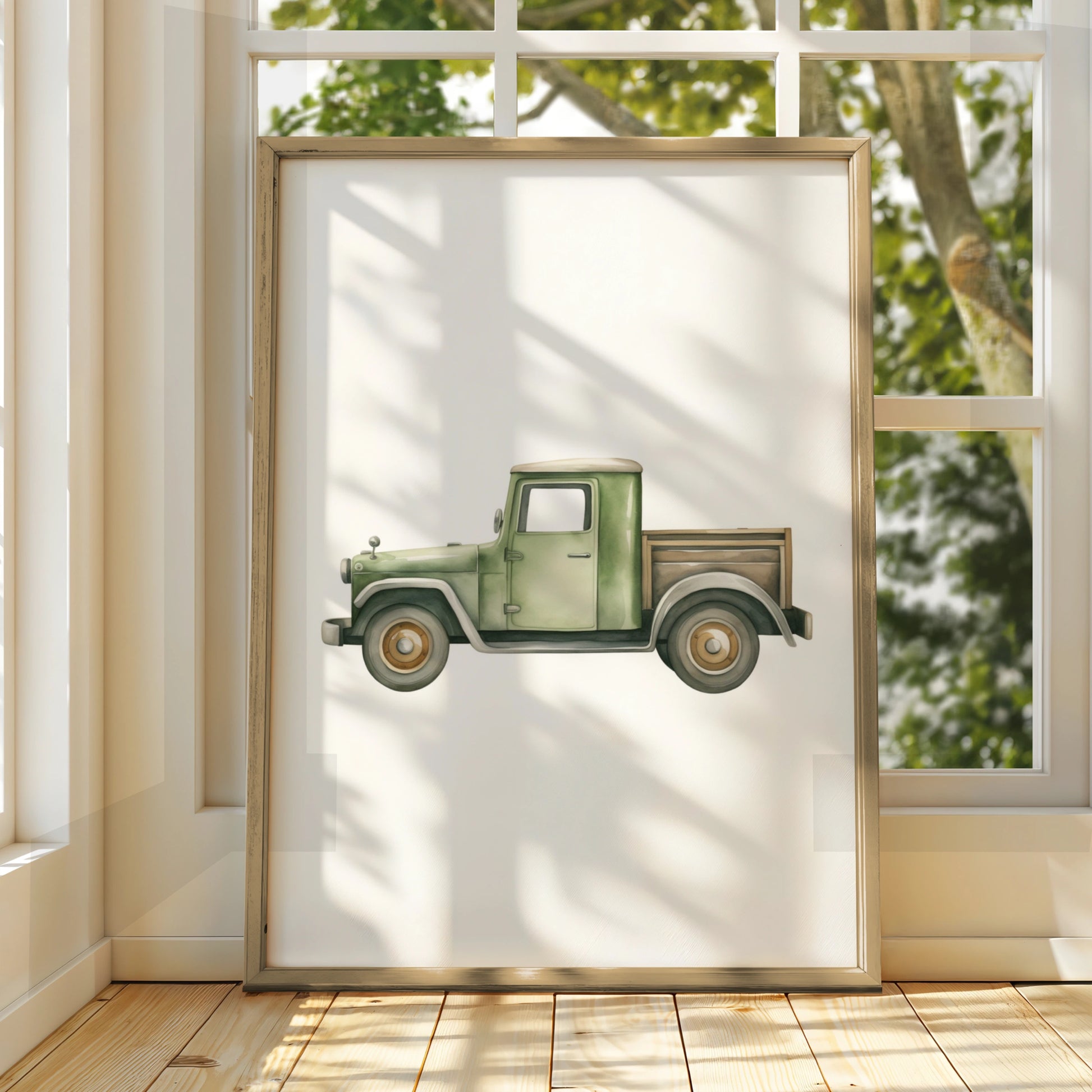 Vintage Green Truck Nursery Wall Art, Boys Room Poster, Watercolour Car Print