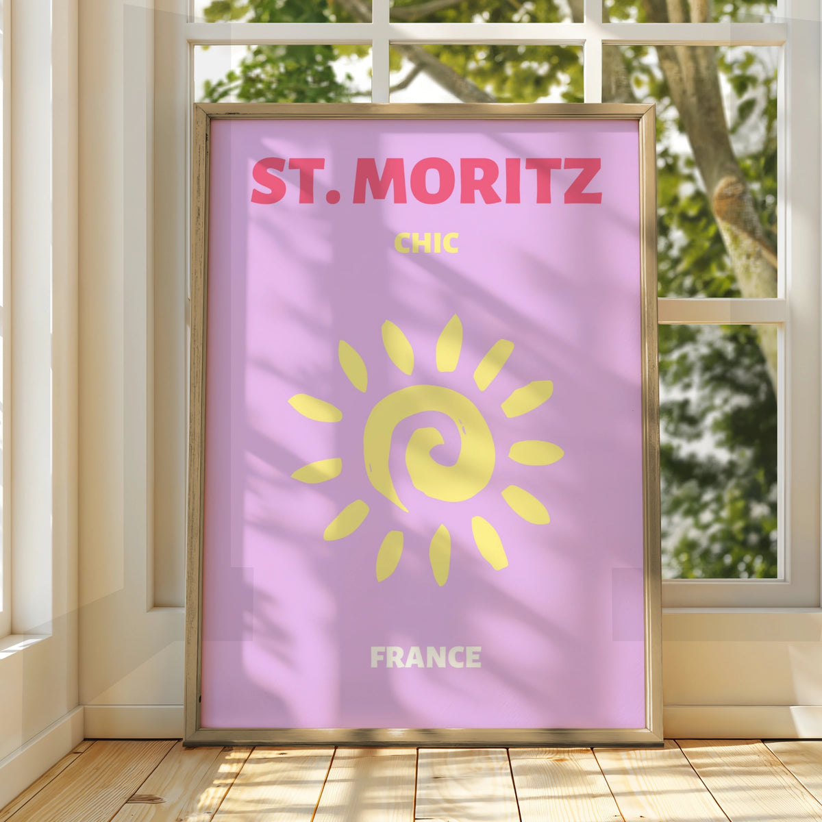 St Moritz Travel Poster, Switzerland Retro Wall Art, Chic Sun Print, Lilac Pink