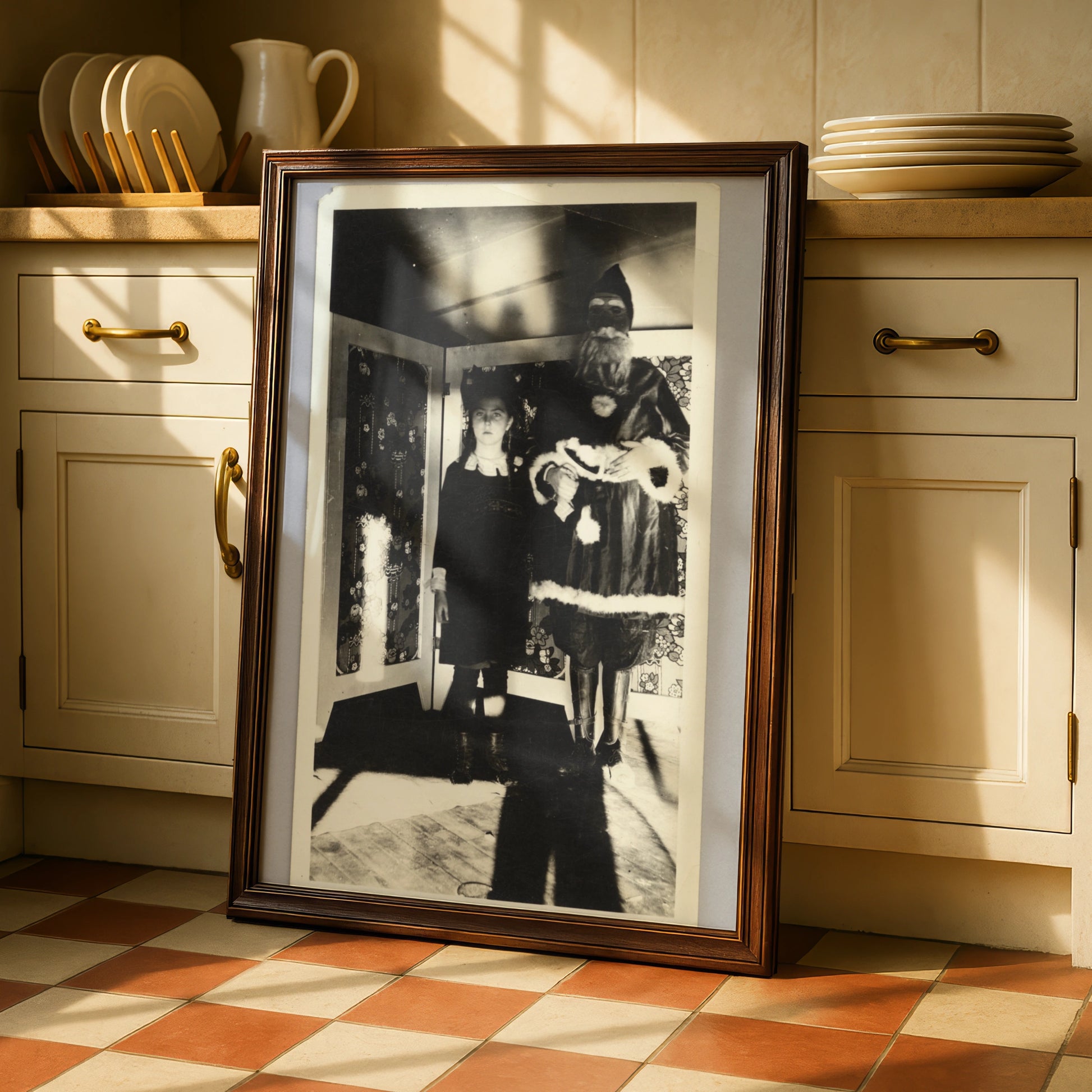 Creepy Halloween Vintage Photo Poster, Spooky Masked Figure Black White Wall Art
