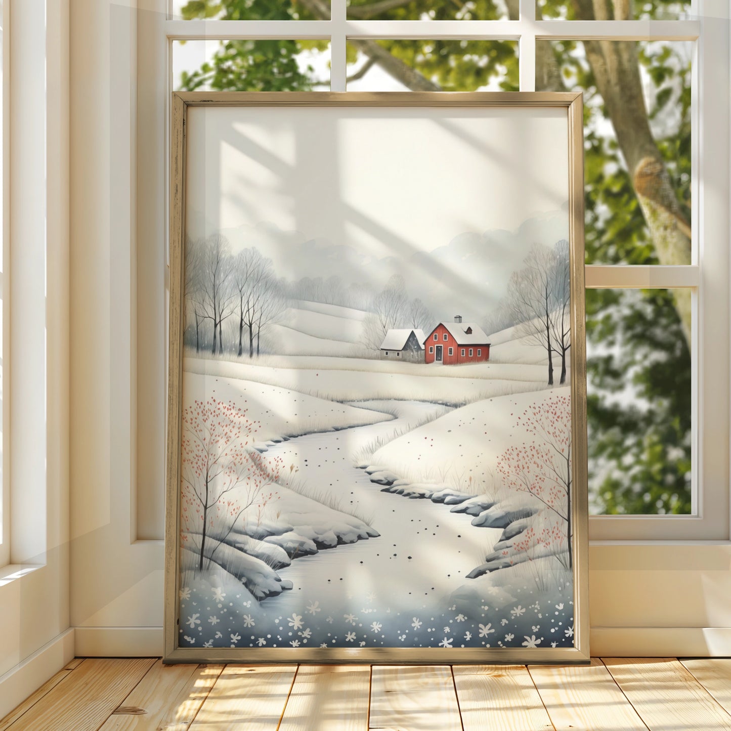 Christmas Winter Landscape Poster, Snowy Red Farmhouse Wall Art, Scandi Style Xmas Print