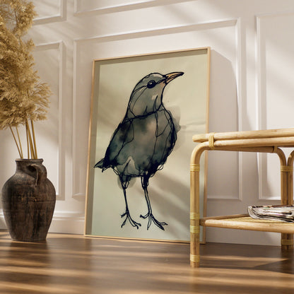 Blackbird Ink Sketch Print, Monochrome Wall Art, Minimalist Bird Poster, Grey Modern Decor