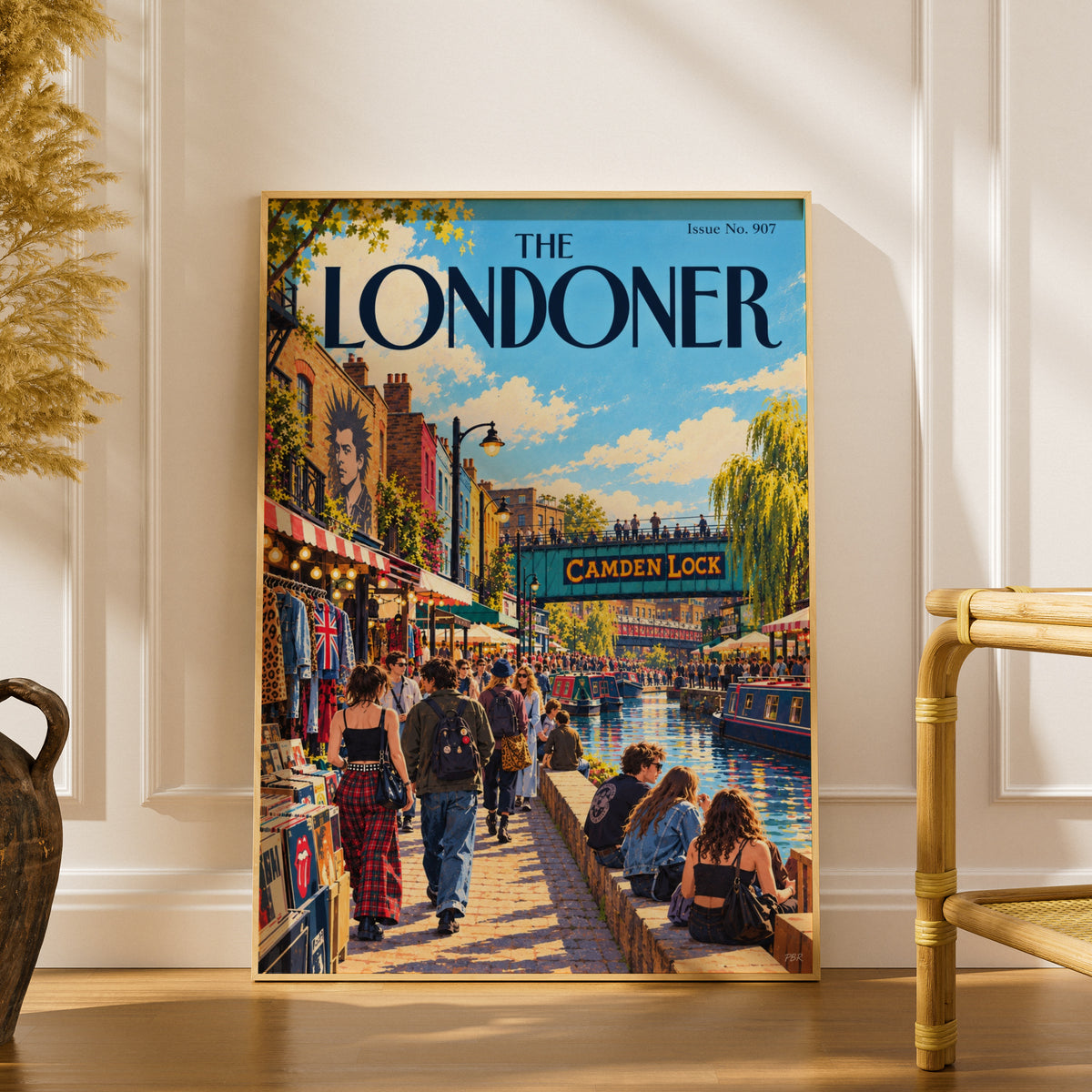 The Londoner Camden Lock Poster, London Wall Art, Canal Market Illustration, Retro Magazine Cover