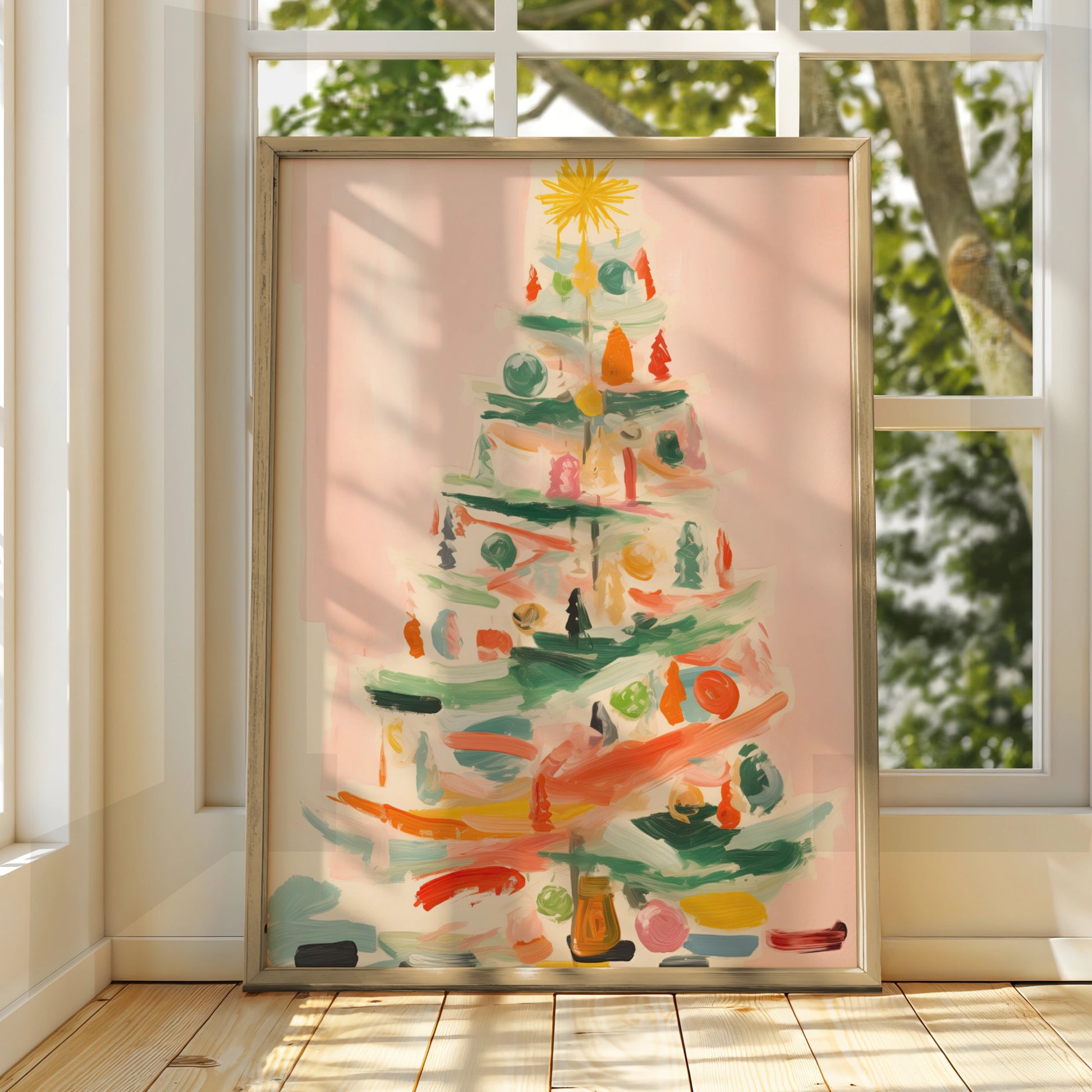 Christmas Tree Poster, Colourful Abstract Xmas Wall Art, Festive Holiday Print, Pastel Pink Decor