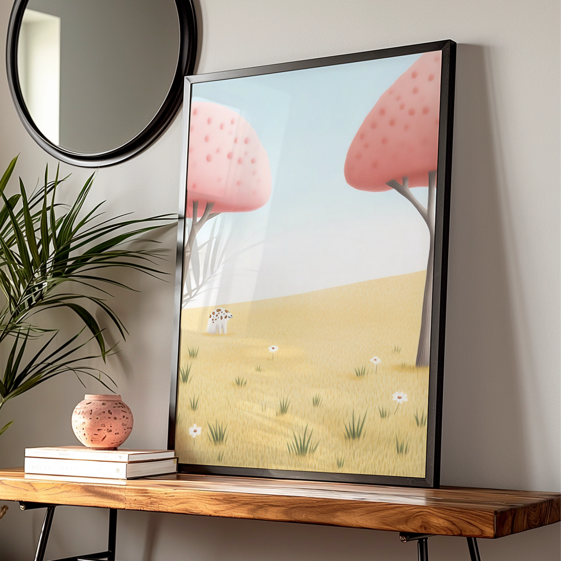 Nursery Wall Art Cute Animal Print, Pink Trees Meadow Poster, Baby Room Decor