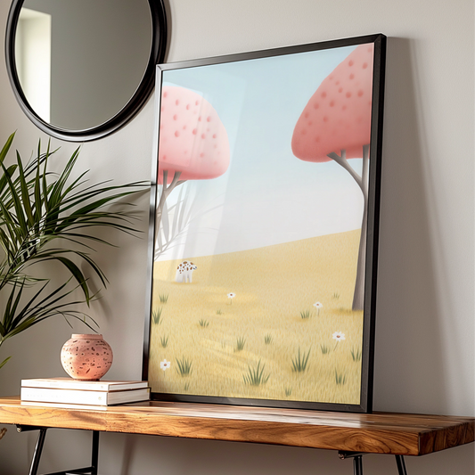 Nursery Wall Art Cute Animal Print, Pink Trees Meadow Poster, Baby Room Decor