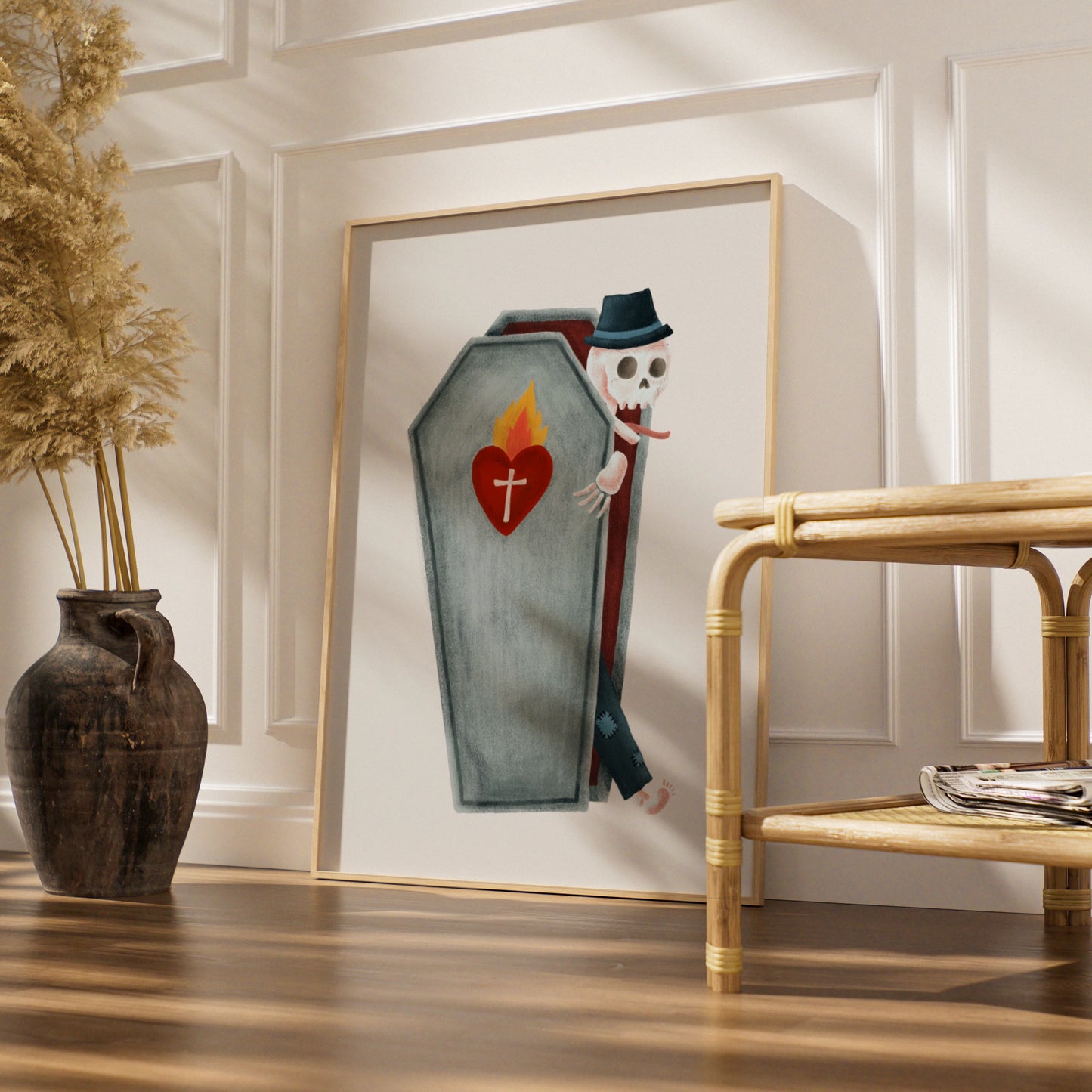 Halloween Skeleton Coffin Poster, Spooky Skull Wall Art, Sacred Heart Halloween Print, Gothic Decor