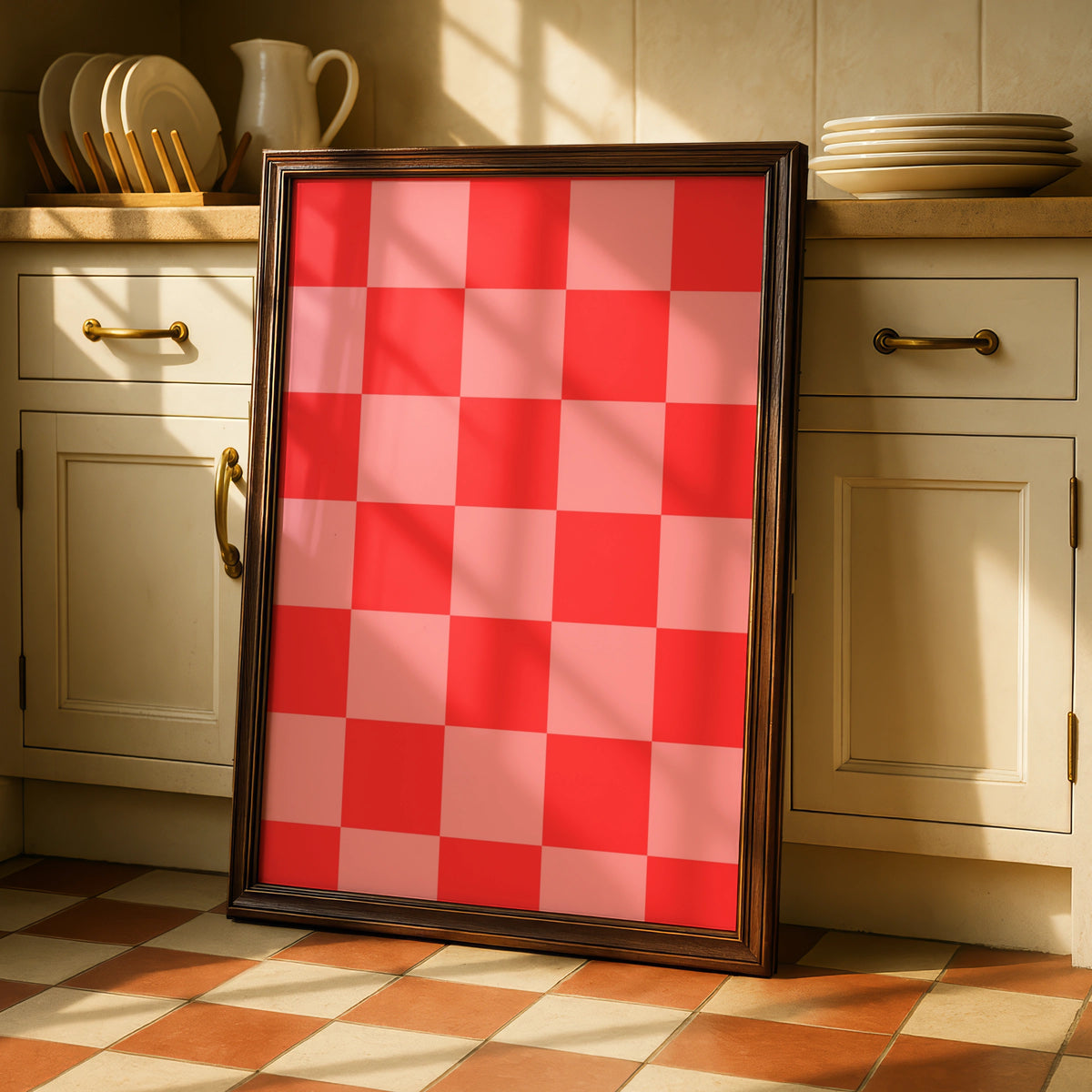 Red Checkerboard Maximalist Poster, Bold Geometric Wall Art, Modern Grid Print