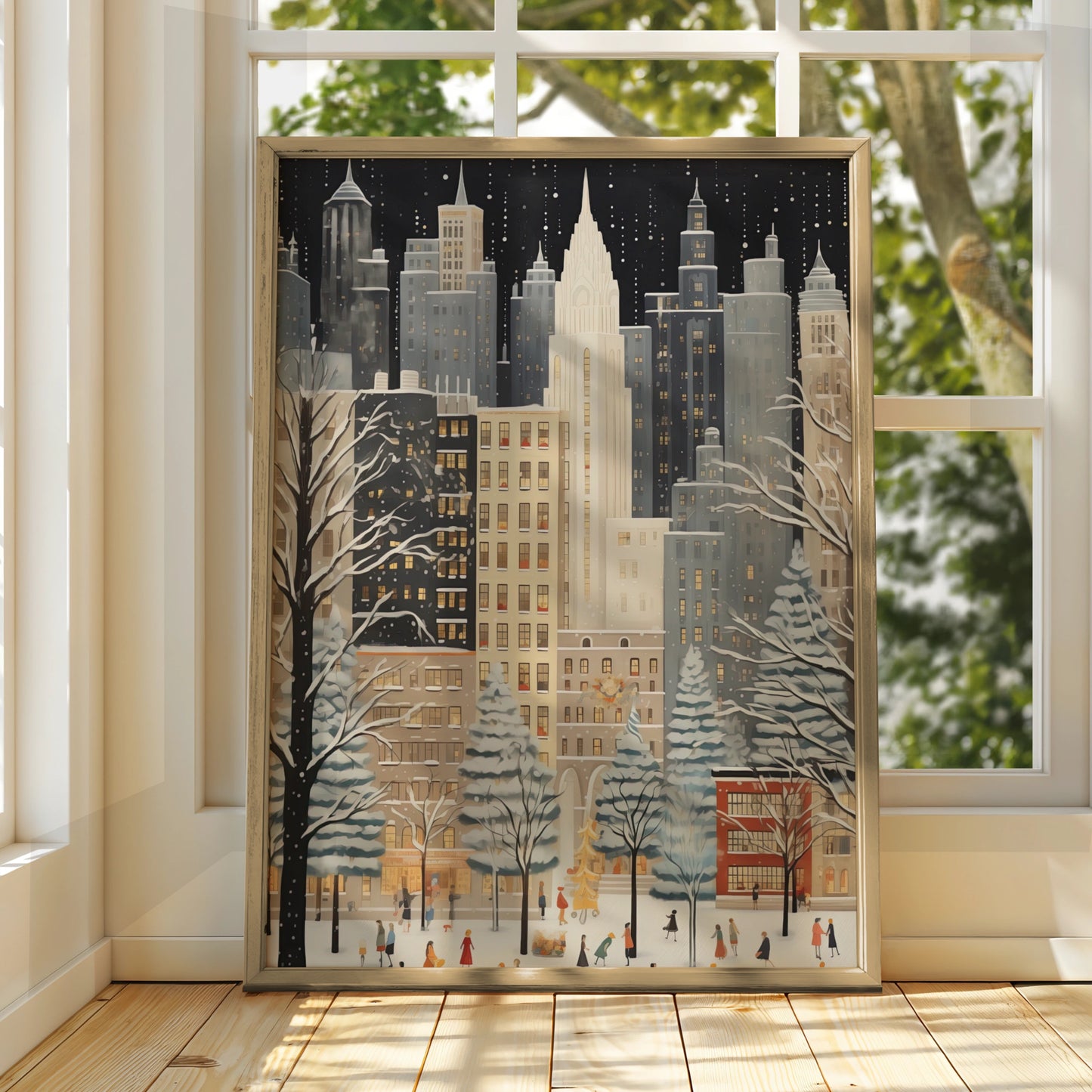 Christmas New York City Poster, Winter Snowfall Skyline Art, Festive NYC Wall Art Print