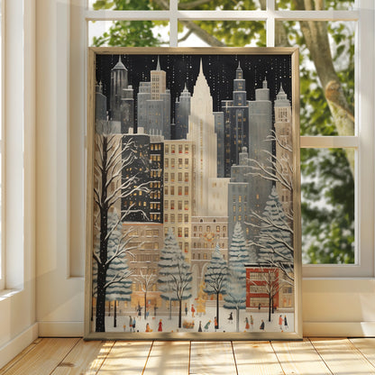 Christmas New York City Poster, Winter Snowfall Skyline Art, Festive NYC Wall Art Print