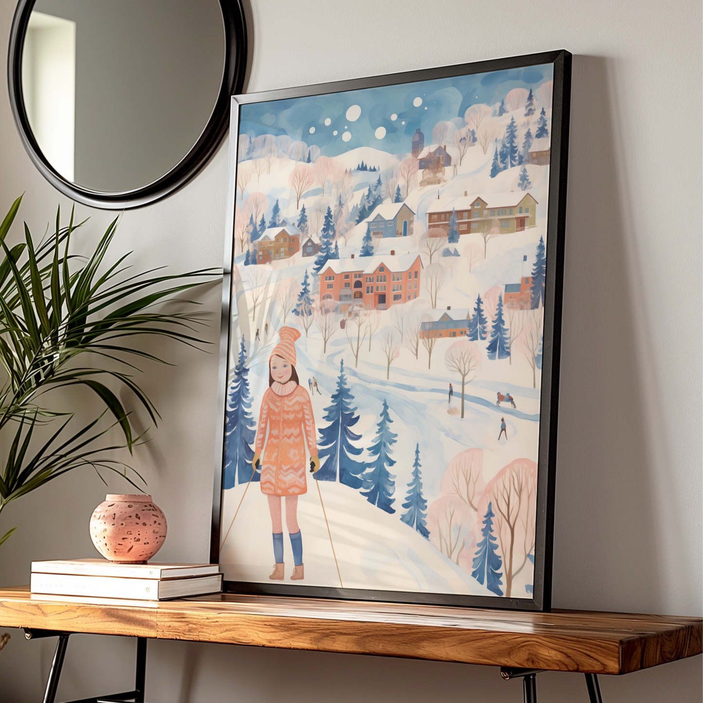 Christmas Winter Village Poster, Ski Girl Snow Scene, Festive Wall Art, Blue Pink Nordic Print