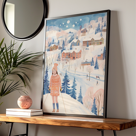 Christmas Winter Village Poster, Ski Girl Snow Scene, Festive Wall Art, Blue Pink Nordic Print