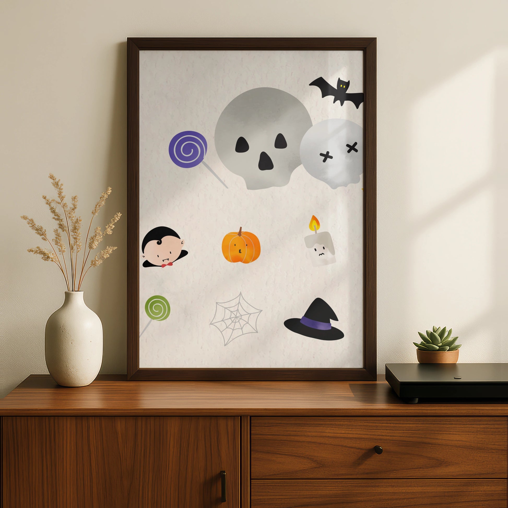 Cute Halloween Wall Art, Spooky Icons Poster, Skull Bat Pumpkin Witch Hat Print