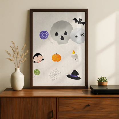 Cute Halloween Wall Art, Spooky Icons Poster, Skull Bat Pumpkin Witch Hat Print