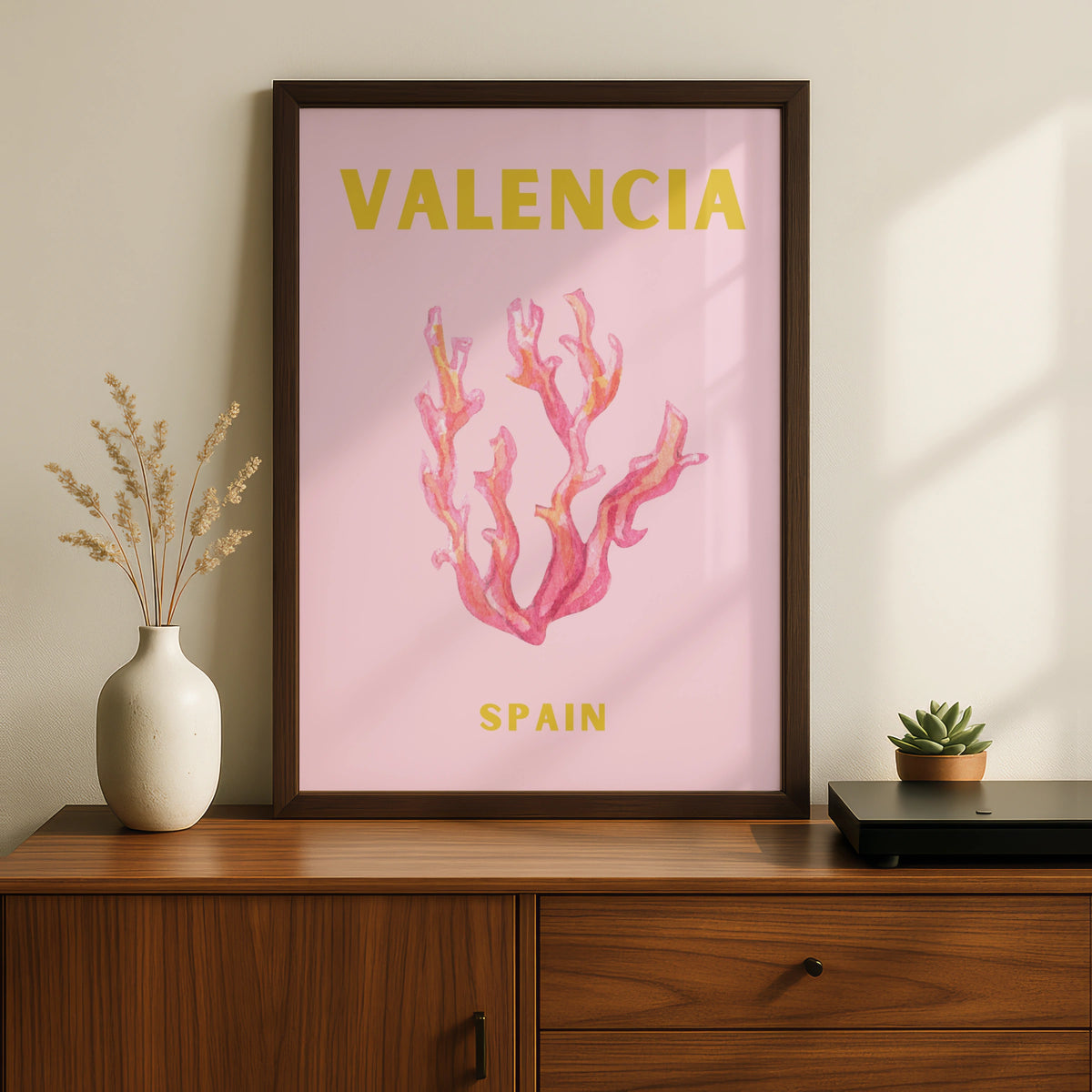 Valencia Spain Travel Poster, Coral Wall Art, Pink Retro Print, Spanish City Decor