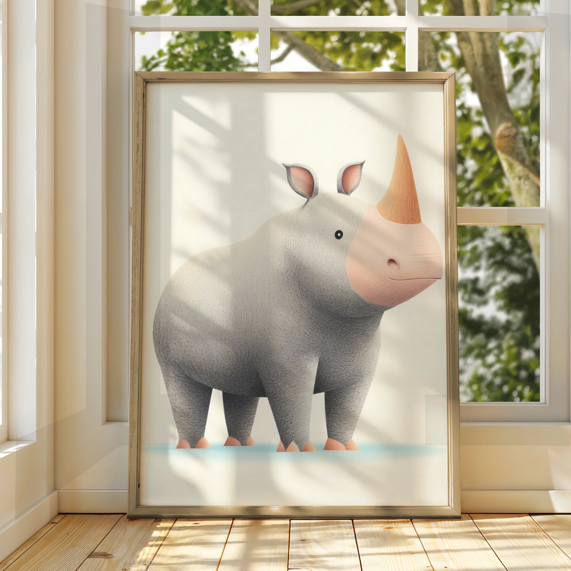 Cute Rhino Nursery Wall Art, Safari Animal Print, Baby Room Poster, Grey Kids Decor