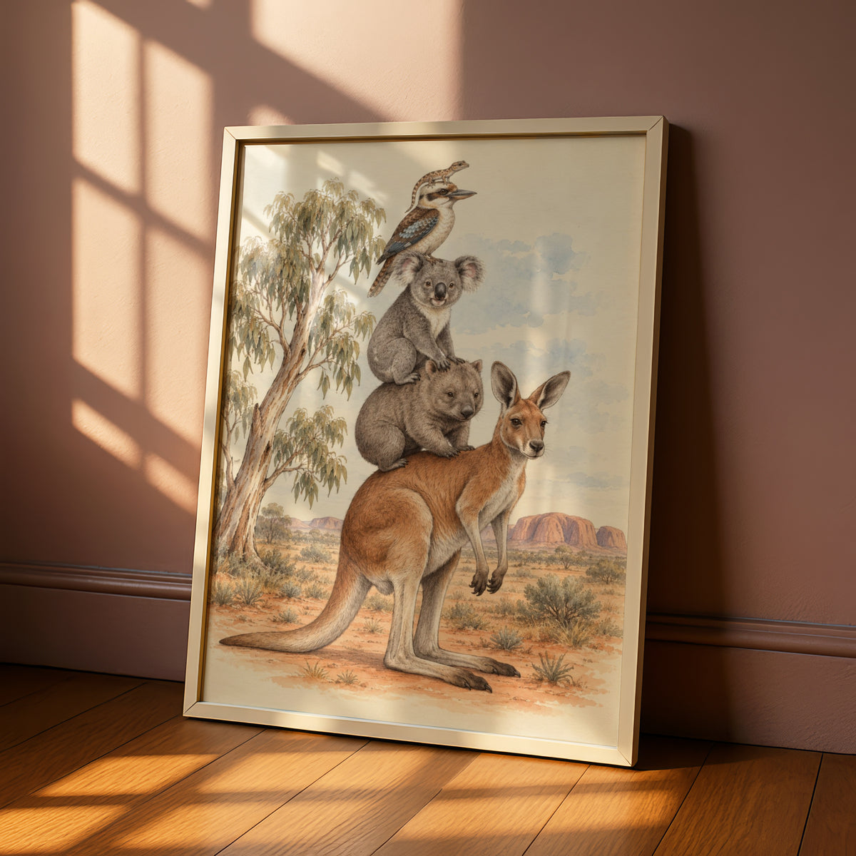 Australian Wildlife Stack Print, Kangaroo Koala Wombat Kookaburra, Outback Wall Art