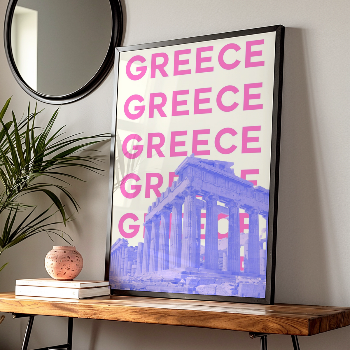 Greece Travel Poster, Athens Parthenon Wall Art, Retro Greece Print, Bold Pink Modern Decor