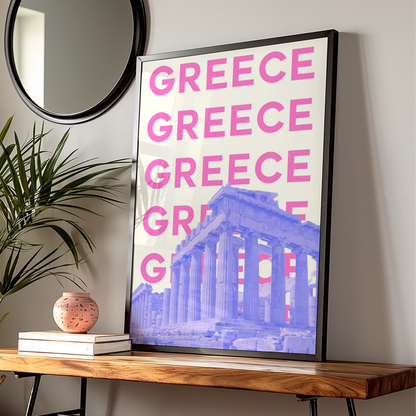 Greece Travel Poster, Athens Parthenon Wall Art, Retro Greece Print, Bold Pink Modern Decor