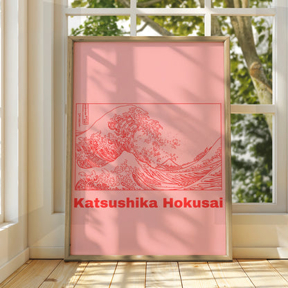 Hokusai Great Wave Poster, Japanese Woodblock Wall Art, Pink Red Maximalist Print