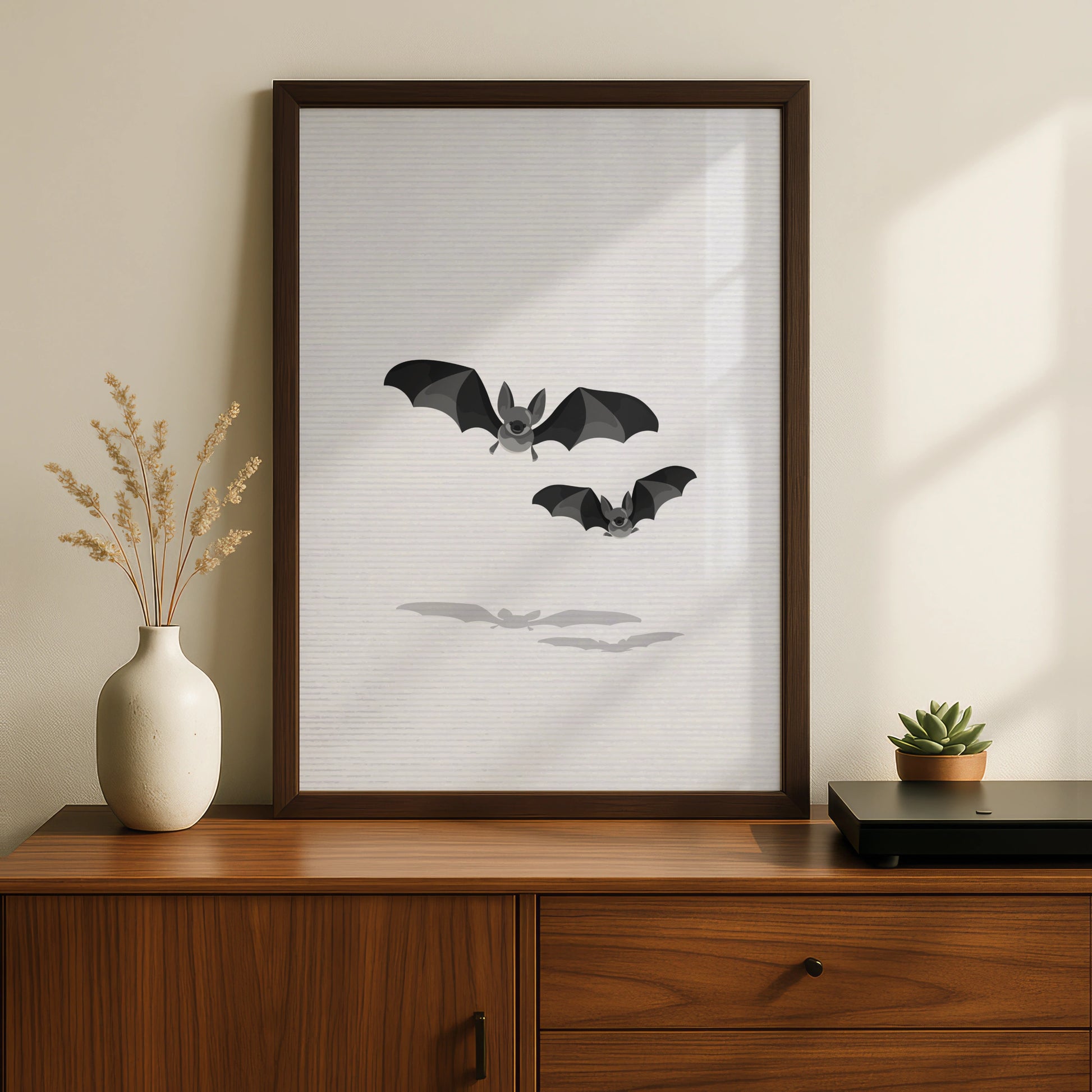 Halloween Bat Wall Art, Spooky Bats Poster, Black Grey Minimalist Halloween Print