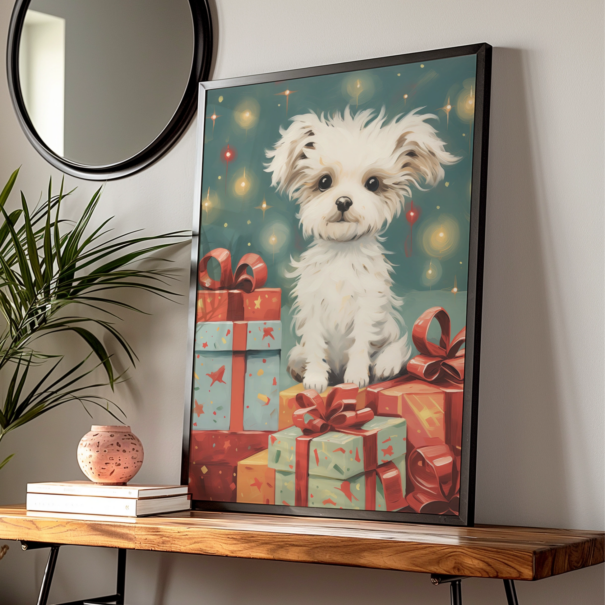Christmas Puppy Poster, Cute White Dog with Gifts, Festive Xmas Wall Art Print