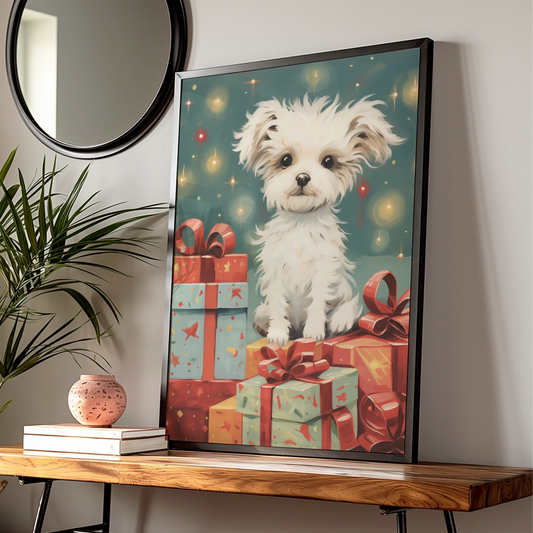 Christmas Puppy Poster, Cute White Dog with Gifts, Festive Xmas Wall Art Print