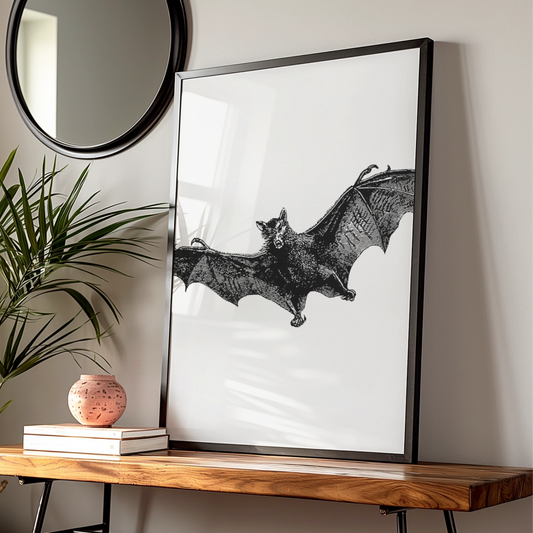 Halloween Bat Poster, Vintage Gothic Wall Art, Black White Engraving Print, Spooky Decor