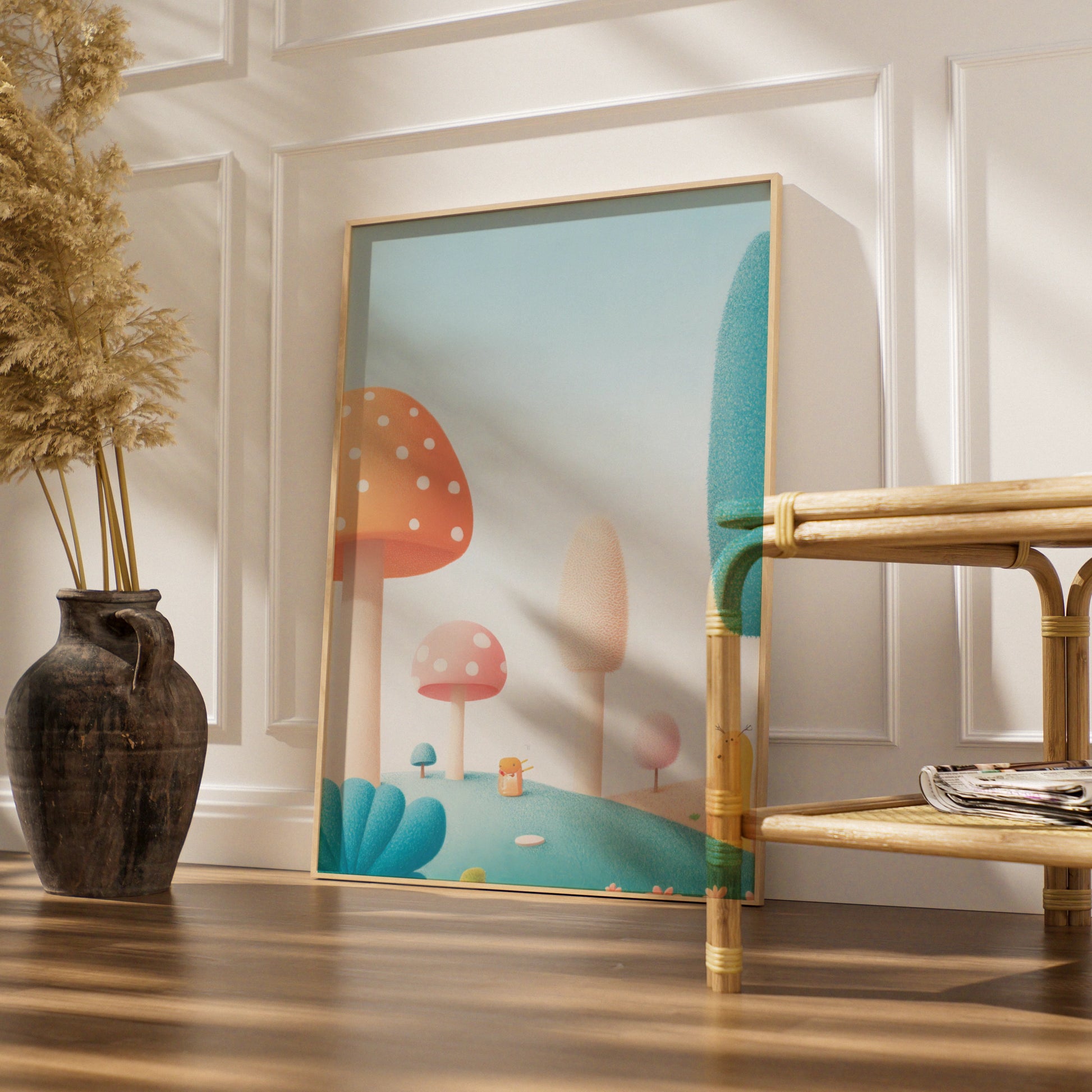 Mushroom Nursery Wall Art, Whimsical Forest Print, Pastel Kids Room Poster, Baby Decor