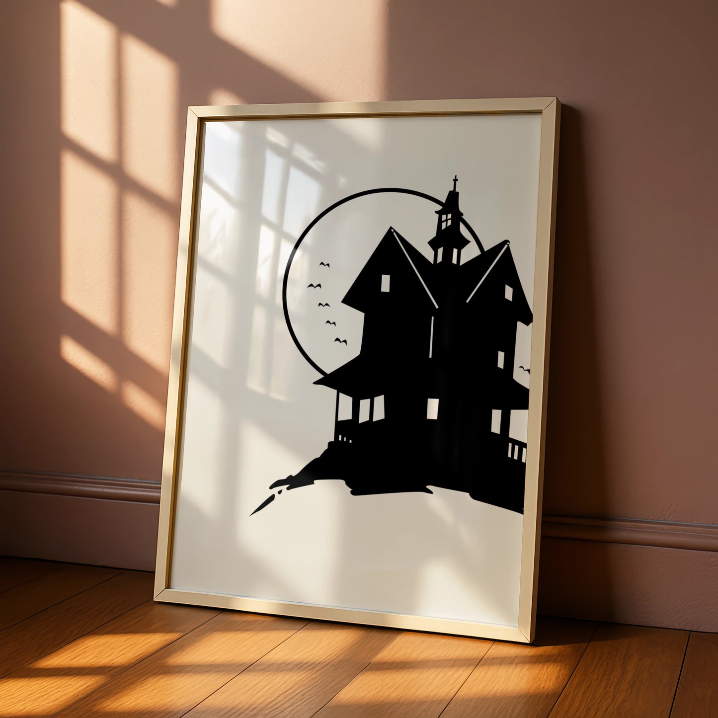Halloween Haunted House Poster, Spooky Black Silhouette Wall Art, Full Moon Print