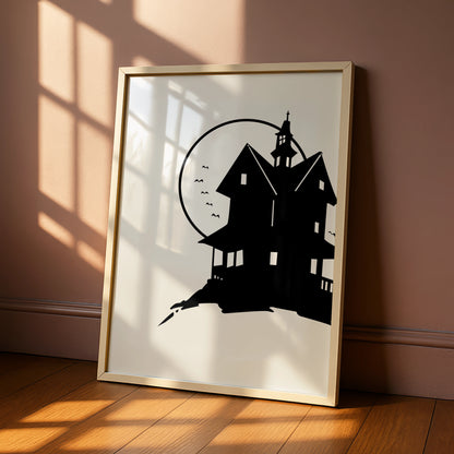 Halloween Haunted House Poster, Spooky Black Silhouette Wall Art, Full Moon Print