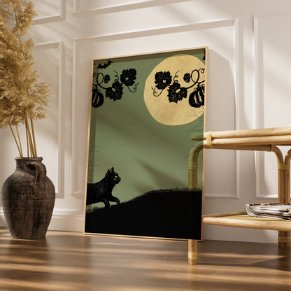 Halloween Black Cat Poster, Jack O Lantern Full Moon Wall Art, Spooky Pumpkin Print