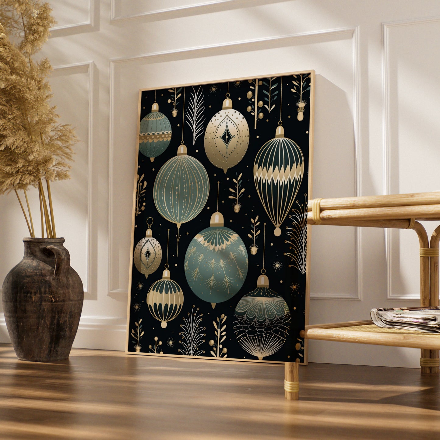 Christmas Baubles Poster, Art Deco Ornaments Wall Art, Teal Gold Black Festive Print