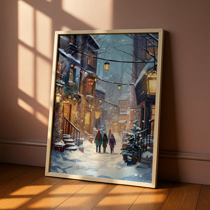 Christmas Village Street Poster, Snowy Winter Scene Wall Art, Festive Holiday Print