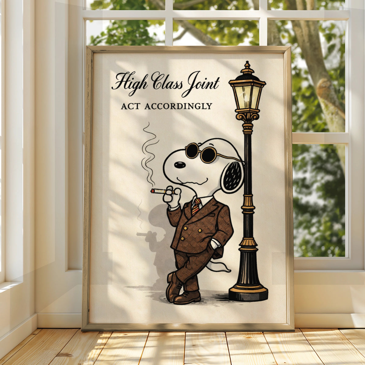 High Class Joint Cartoon Dog Poster, Dapper Suit Funny Wall Art, Quirky Retro Print