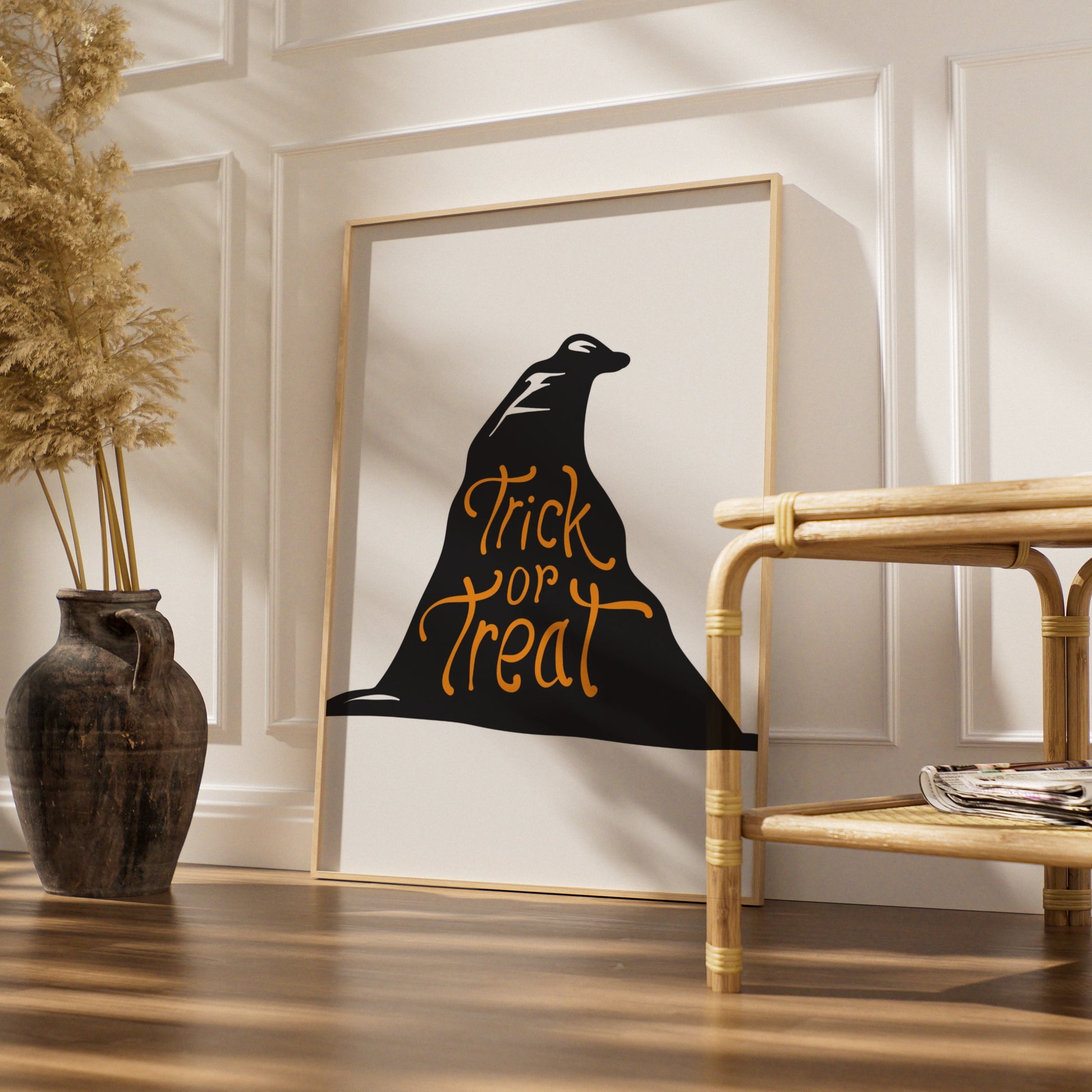 Trick or Treat Halloween Poster, Witch Hat Wall Art, Black Orange Spooky Print