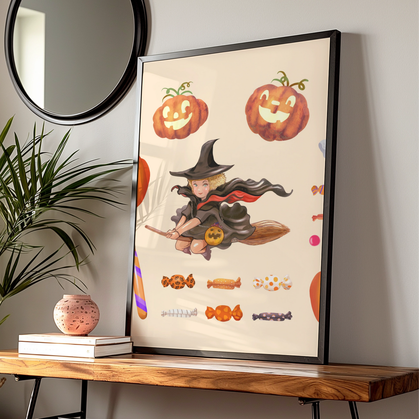 Halloween Witch Pumpkin Ghost Wall Art, Black Cat Candy Poster, Cute Spooky Print