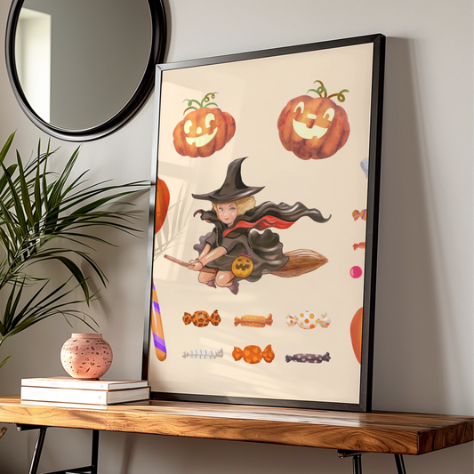 Halloween Witch Pumpkin Ghost Wall Art, Black Cat Candy Poster, Cute Spooky Print
