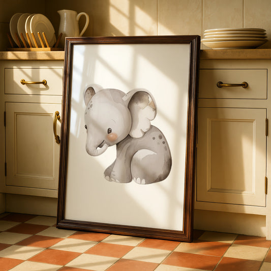 Baby Elephant Nursery Wall Art, Cute Safari Animal Poster, Grey Watercolour Print for Kids Room