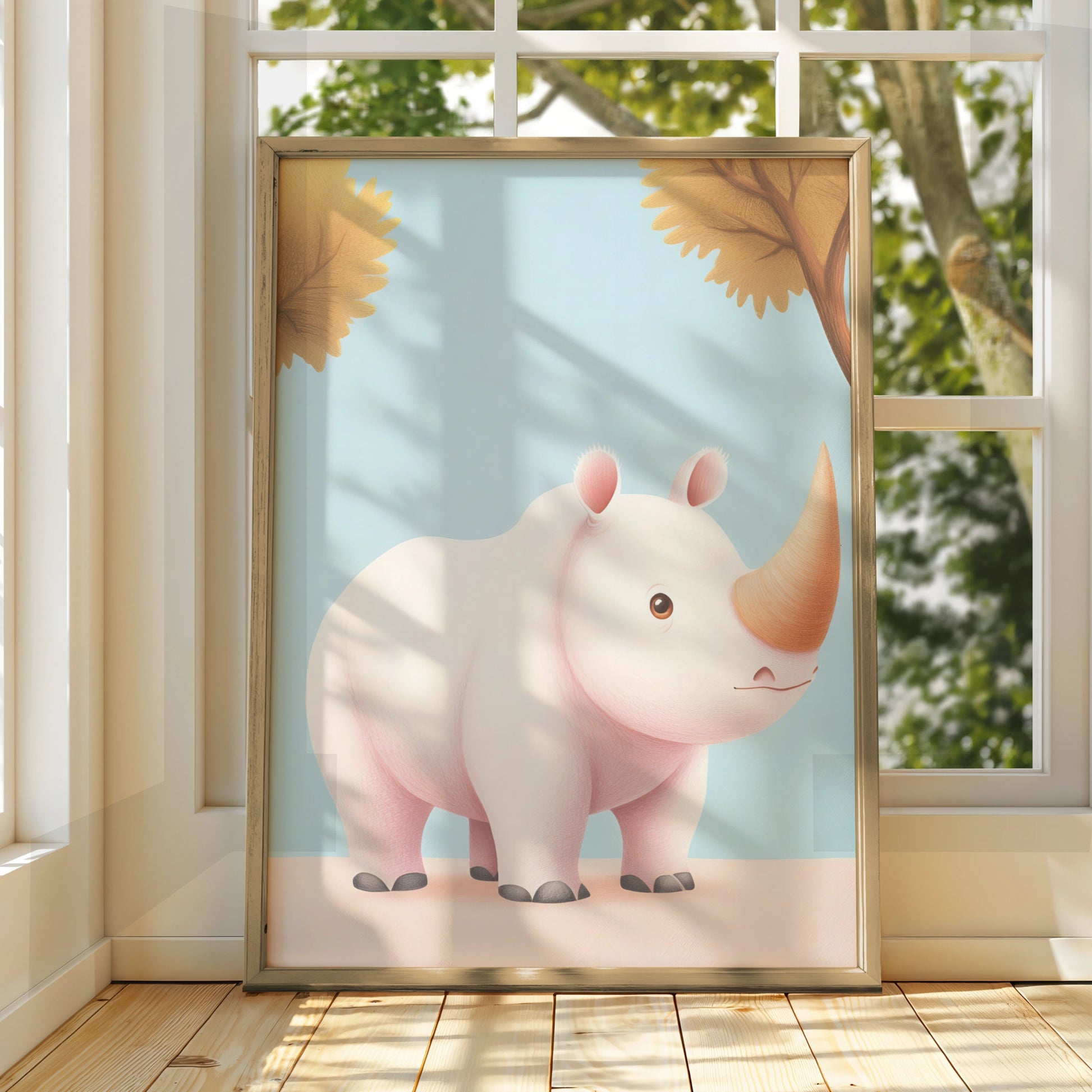 Cute Rhino Nursery Wall Art, Baby Animal Poster, Safari Kids Room Print, Blue