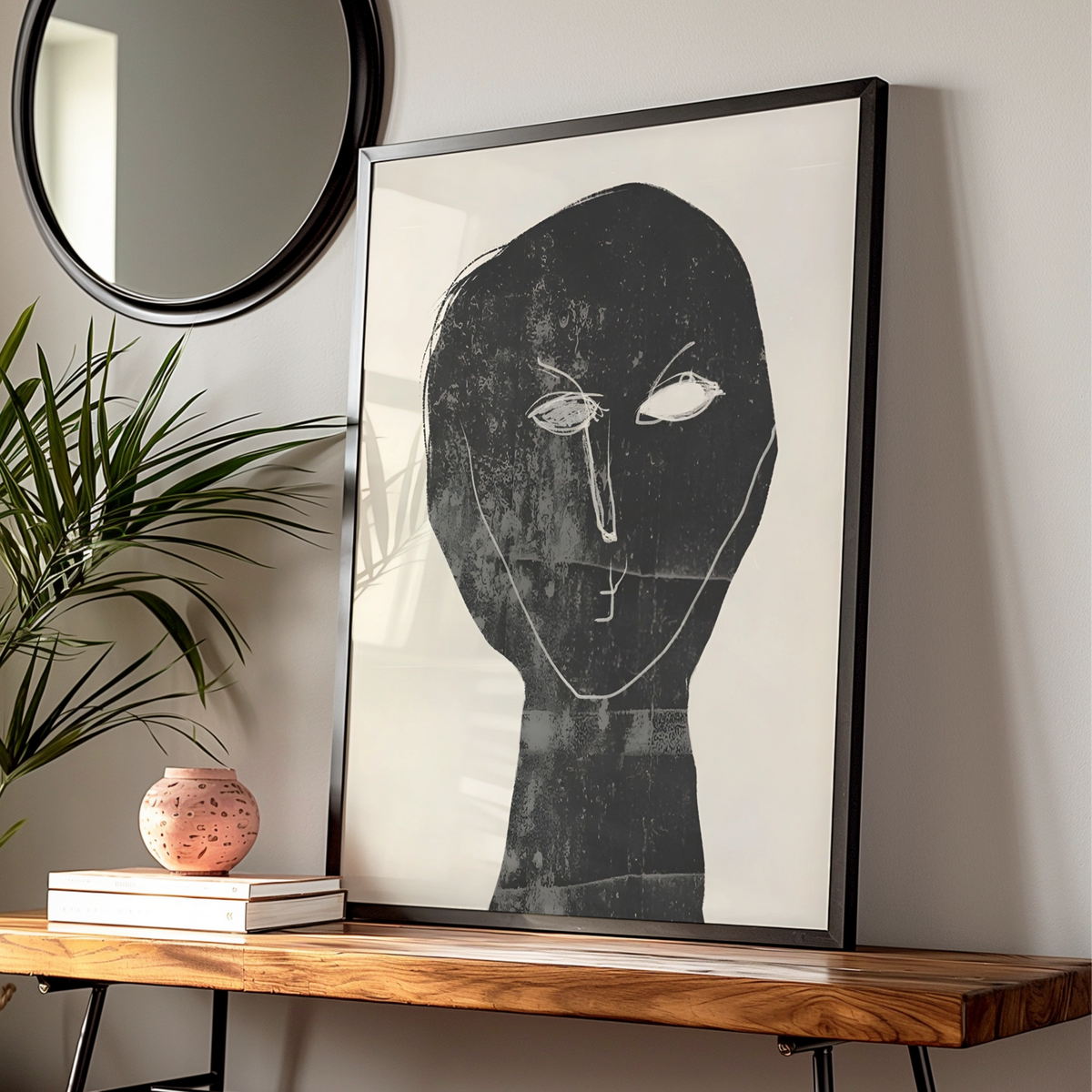 Abstract Face Portrait, Monochrome Wall Art, Black and White Minimalist Print, Modern Gallery Poster