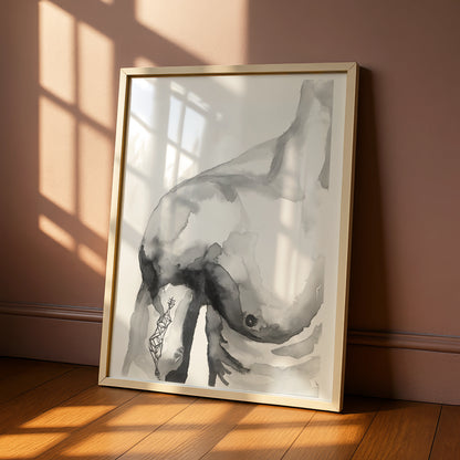 Female Nude Figure Print, Monochrome Wall Art, Abstract Body Ink Watercolour Poster, Modern Decor