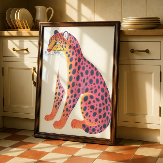 Colourful Leopard Nursery Wall Art, Kids Animal Print, Pink Orange Cheetah Poster