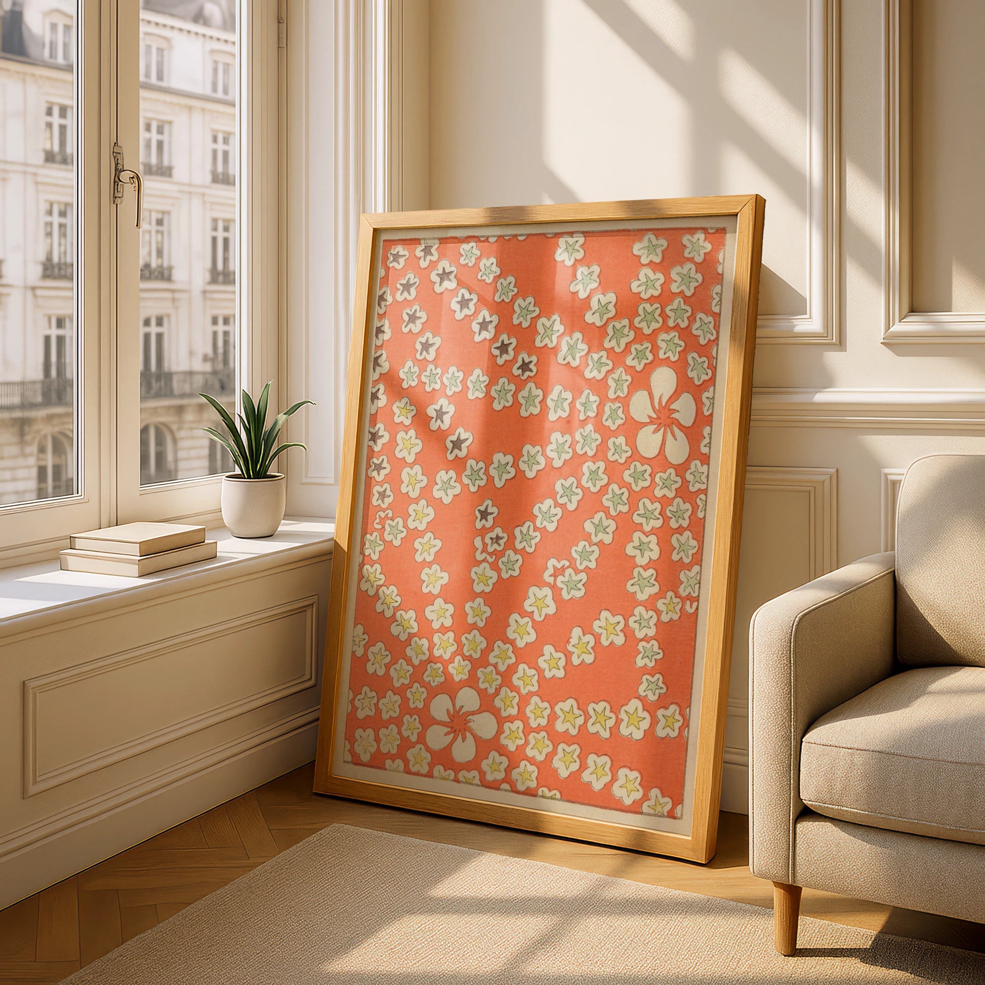 Japanese Floral Pattern Print, Vintage Woodblock Wall Art, Bijutsukai 1901 Poster – A5 Oak frame