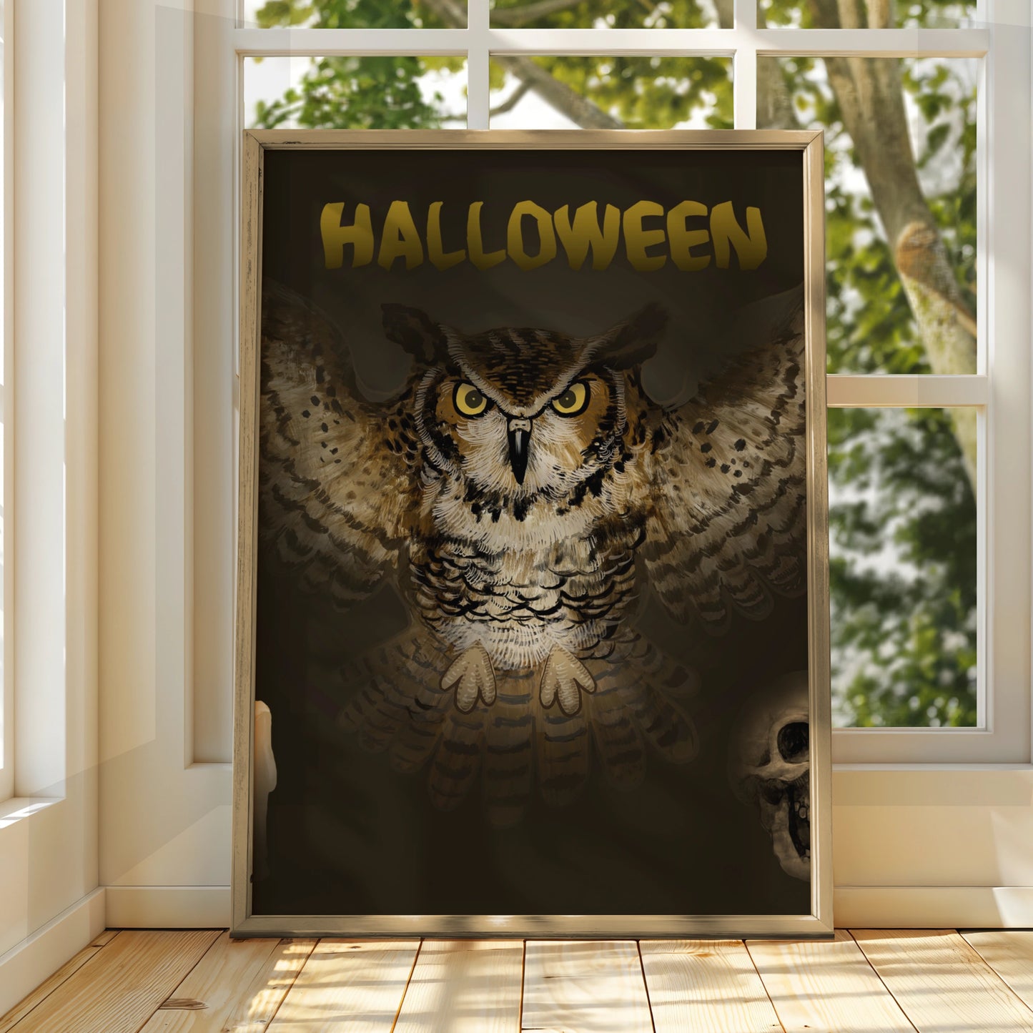 Halloween Owl Poster, Spooky Owl Wall Art, Dark Gothic Print, Skull Candle Decor
