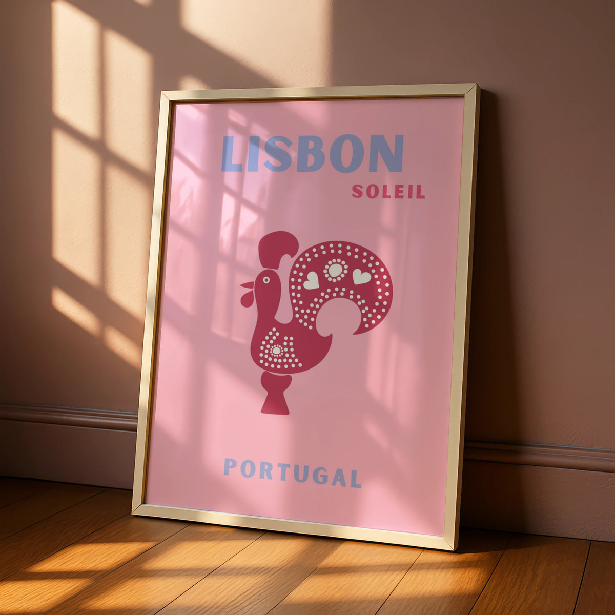 Lisbon Portugal Travel Poster, Retro Wall Art, Pink Rooster Print, Iberian Decor