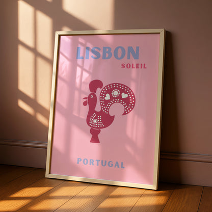 Lisbon Portugal Travel Poster, Retro Wall Art, Pink Rooster Print, Iberian Decor