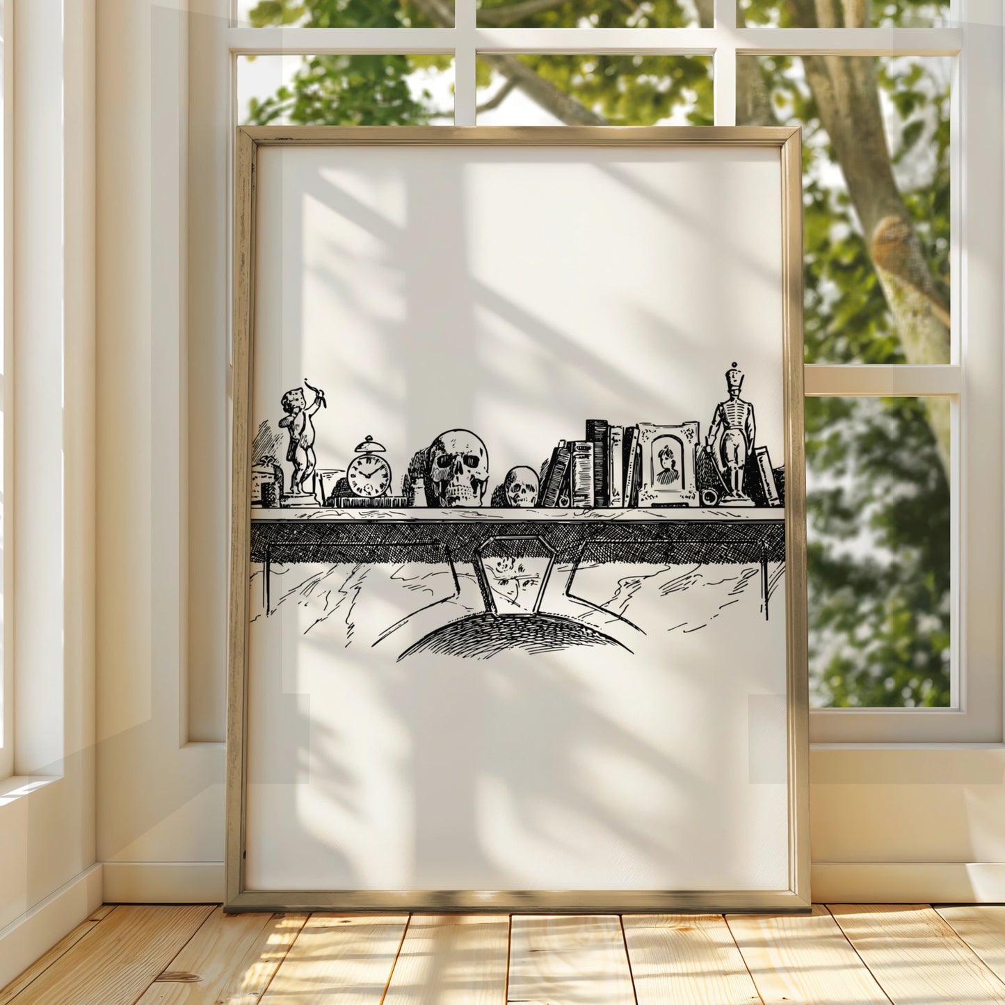 Halloween Skull Shelf Art Print, Gothic Curiosity Cabinet Poster, Dark Academia Wall Art