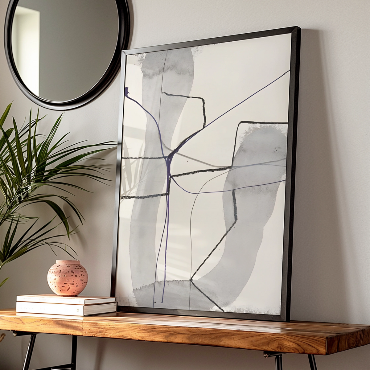 Modern Abstract Line Art Print, Grey Monochrome Wall Art, Neutral Contemporary Poster — Digital Download